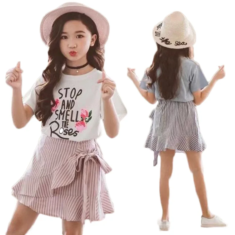 Summer Girls Clothing Set Children Floral Printed T-shirt+ Stripe Skirt 2pcs Suit Kids Clothes Teenage 10 12 Year Girls Outfits
Summer Girls Clothing Set Children Floral Printed T-shirt+ Stripe Skirt 2pcs Suit Kids Clothes Teenage 10 12 Year Girls Outfits