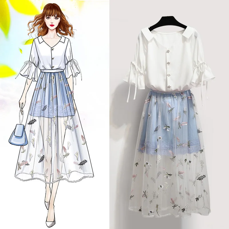 Women Sweet V-Neck Butterfly Sleeve Chiffon Blouse Shirt + Flower Embroidery Mesh Long Skirt Set 2019 Summer Girls 2 Piece Set
Women Sweet V-Neck Butterfly Sleeve Chiffon Blouse Shirt + Flower Embroidery Mesh Long Skirt Set 2019 Summer Girls 2 Piece Set