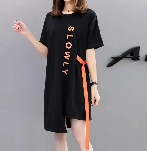 Korean version large size Women's loose letter print Dress irregular streamers short sleeves long section T-shirt skirt Women
Korean version large size Women's loose letter print Dress irregular streamers short sleeves long section T-shirt skirt Women