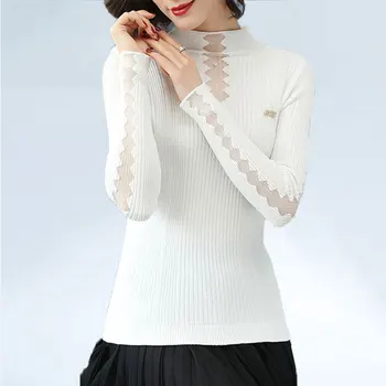 2019 Spring Autumn High collar Sweater And Pullovers Women New Lace splice Hollow Fashion Slim Soft Cashmere Sweater Long sleeve
2019 Spring Autumn High collar Sweater And Pullovers Women New Lace splice Hollow Fashion Slim Soft Cashmere Sweater Long sleeve