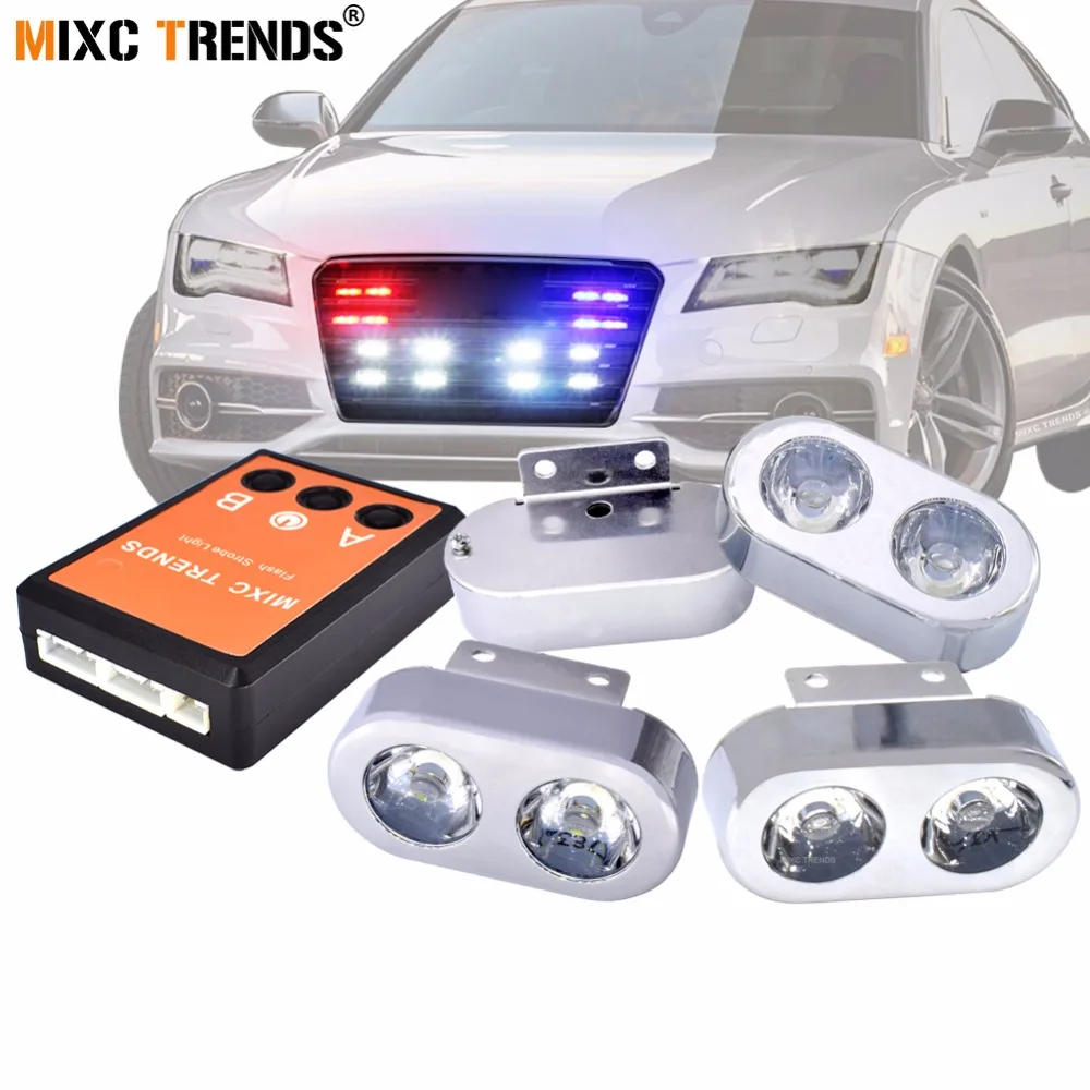 4Pcs Strobe LED Car lights With Flasher Controller 8 LED Spot Flash Police Light Bar for Car Grill Motorcycle Emergency Red Blue
4Pcs Strobe LED Car lights With Flasher Controller 8 LED Spot Flash Police Light Bar for Car Grill Motorcycle Emergency Red Blue