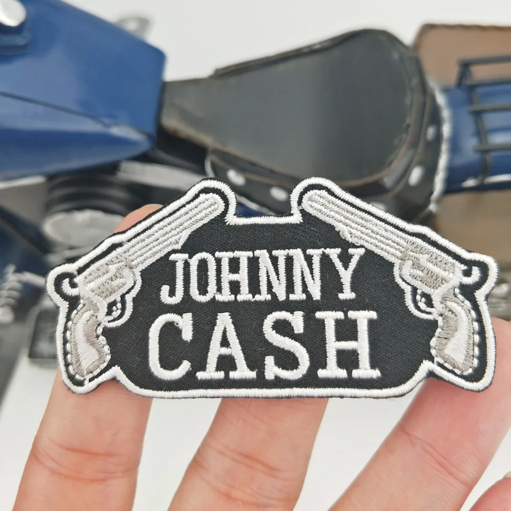 T170526 (3)Custom Design Logo Name JOHNNY CASH DOUBLE GUNS PATCH Iron On T-shit Cap Bag DIY Embroidery Badge