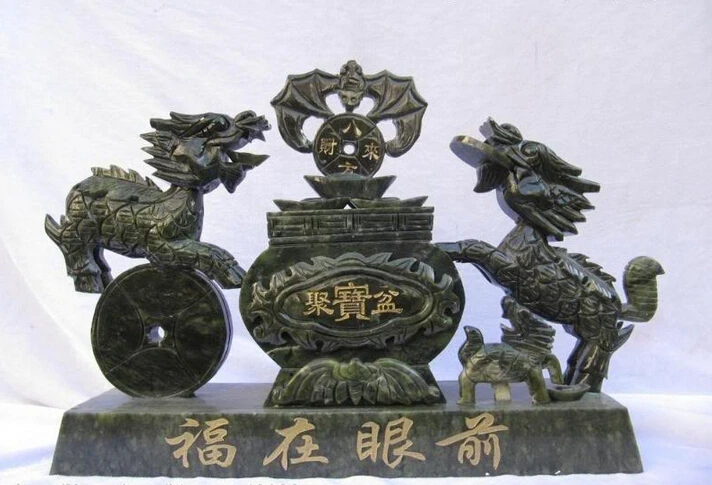 S0695 11 Chinese superb Green Jade Fengshui Two Beast Fu Foo Dog Lion Money bat Statue D0318