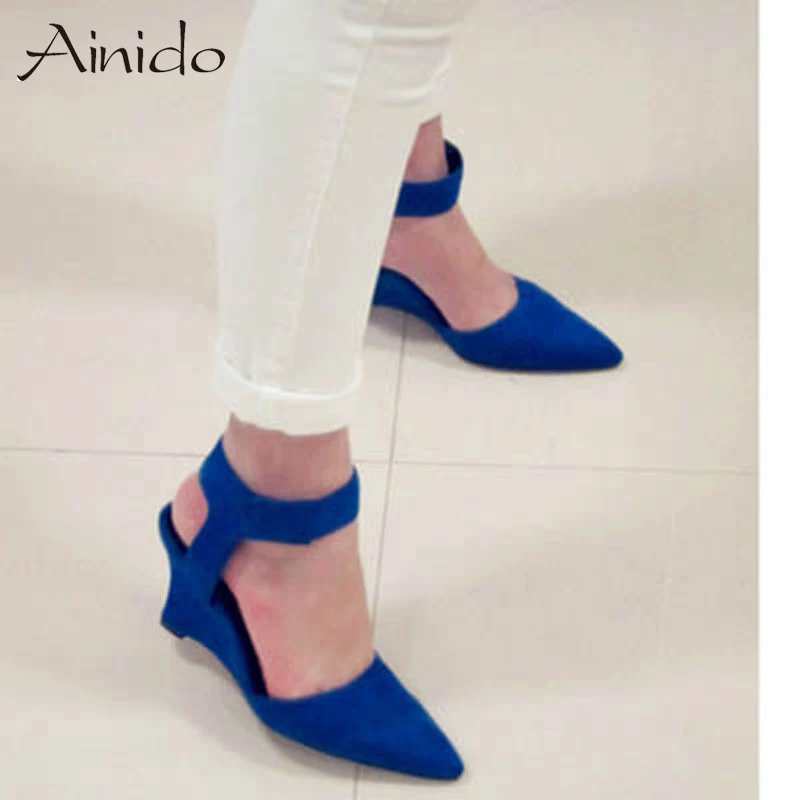 Image Women Wedges Fashion Ankle Hook   Loop Pointed Toe Pumps Sexy Sandal High Heels Black Blue Orange White Women Shoes 2016 Summer