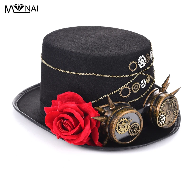

New Costume Anime Hats Steampunk Victorian Rose Top Hat With Goggles Vintage Retro Handmade Headdress Gothic