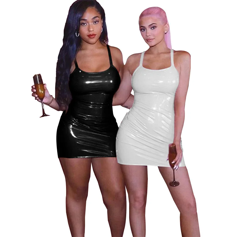 

Faux Latex Pu Leather Dress Women Shinny Leather Short Party Dress PU Sundress Girls Sexy Club Bodycon Black White Mini Dress