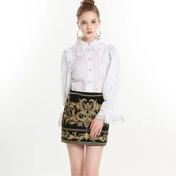 High quality fashion Office Lady set Women Flare Sleeve Lace Hollow Out tops/shirt+Gold Embroidery Beaded Mini Skirt 2 Piece Set
High quality fashion Office Lady set Women Flare Sleeve Lace Hollow Out tops/shirt+Gold Embroidery Beaded Mini Skirt 2 Piece Set