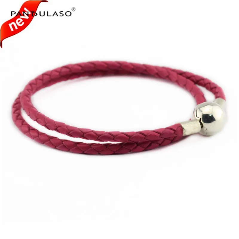 Pandulaso Rose Red Double Woman Round Clasp Leather Bracelet Fits sterling silver Charms & Beads For Woman DIY Jewelry Making 
Pandulaso Rose Red Double Woman Round Clasp Leather Bracelet Fits sterling silver Charms & Beads For Woman DIY Jewelry Making
