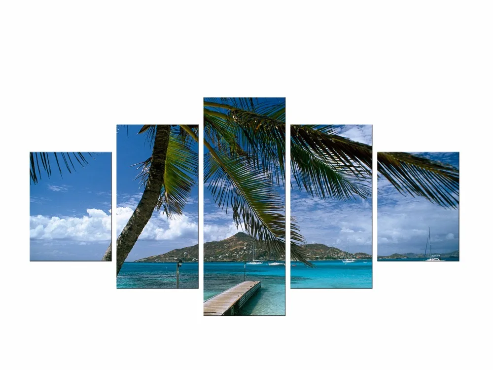 

5 Pieces Coconut Tree Blue Sky And Ocean Beach Home Wall Decor Canvas Picture Art HD Print Painting On Canvas Artworks Framed