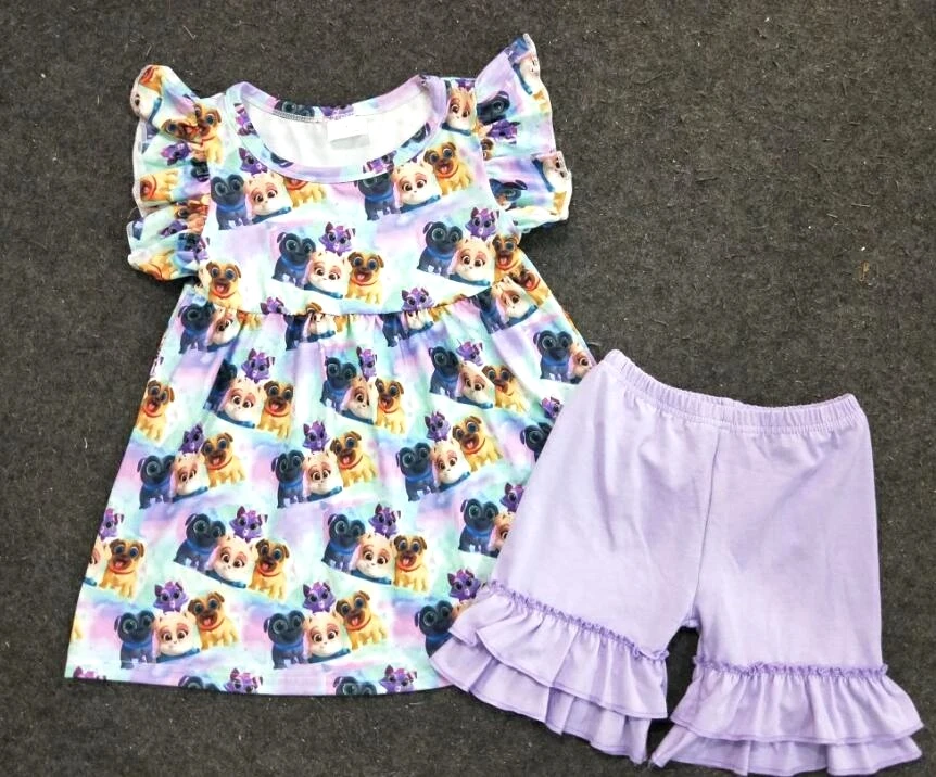 2019 cartoon dogs outfits baby girls cute flying sleeve t shirt+solid purple shorts 2 pcs sets kids children's clothing gxj
2019 cartoon dogs outfits baby girls cute flying sleeve t shirt+solid purple shorts 2 pcs sets kids children's clothing gxj