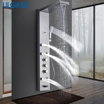 

Rain Shower Column Thermostatic Mixer Shower Faucet Waterfall 6pc Massage Jets Tower W/Hand Shower Tub Spout Black Shower Panel