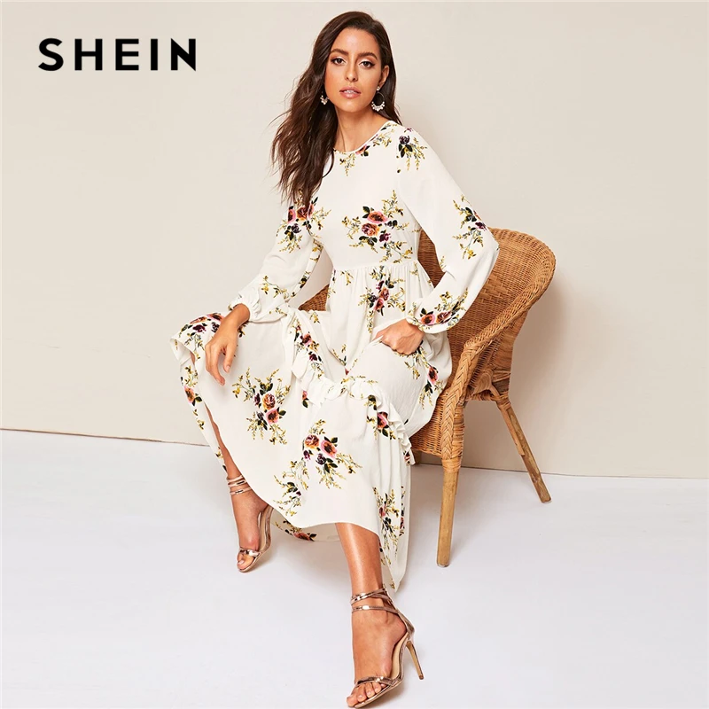 

SHEIN Floral Ruffle Hem Fit and Flare Long High Waist Dress Women Spring Autumn Bishop Long Sleeve Boho Elegant Dresses