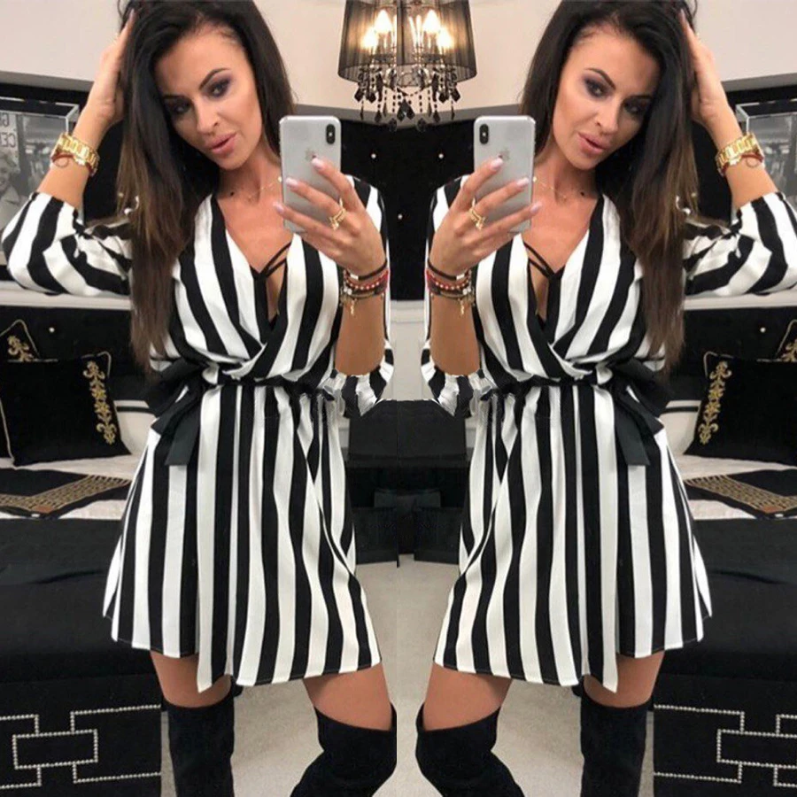 2018-Summer-Women-Dress-Striped-Office-A-Line-Dress-Batwing-Deep-V-Neck-Tunic-Bandage-Bodycon (2)