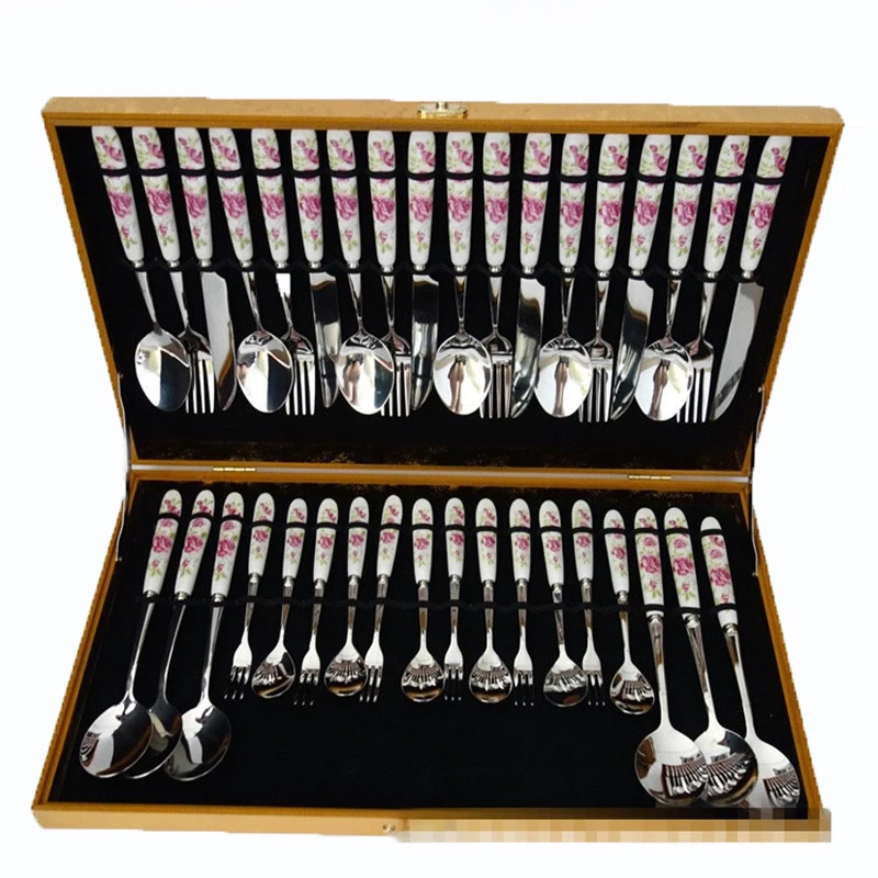 High Quality Western Rose Tableware Stainless Steel Steak Knife Main Fork Set Ceramics Handle Dinnerware Set Soup Scoop 36pc/set
High Quality Western Rose Tableware Stainless Steel Steak Knife Main Fork Set Ceramics Handle Dinnerware Set Soup Scoop 36pc/set