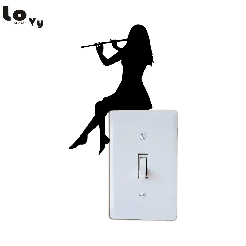 

Girl Playing Flute Silhouette Light Switch Sticker Classical Music Art Wall Stickers for Girl's Bedroom Music Room Home Decor