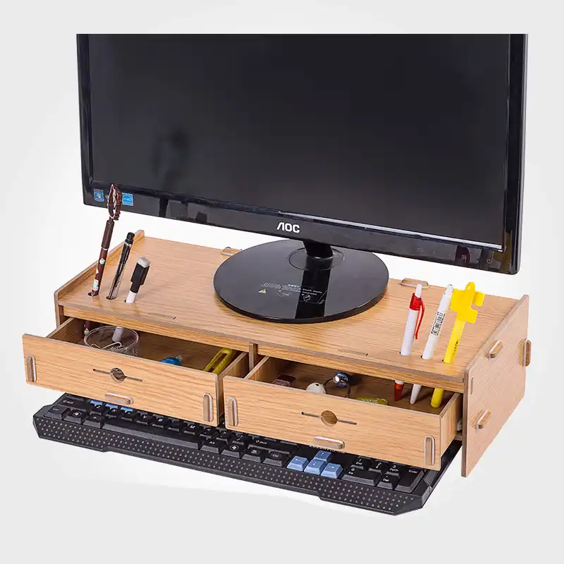 Desktop Monitor Stand Wooden Monitor Riser Tv Stand Double Drawer