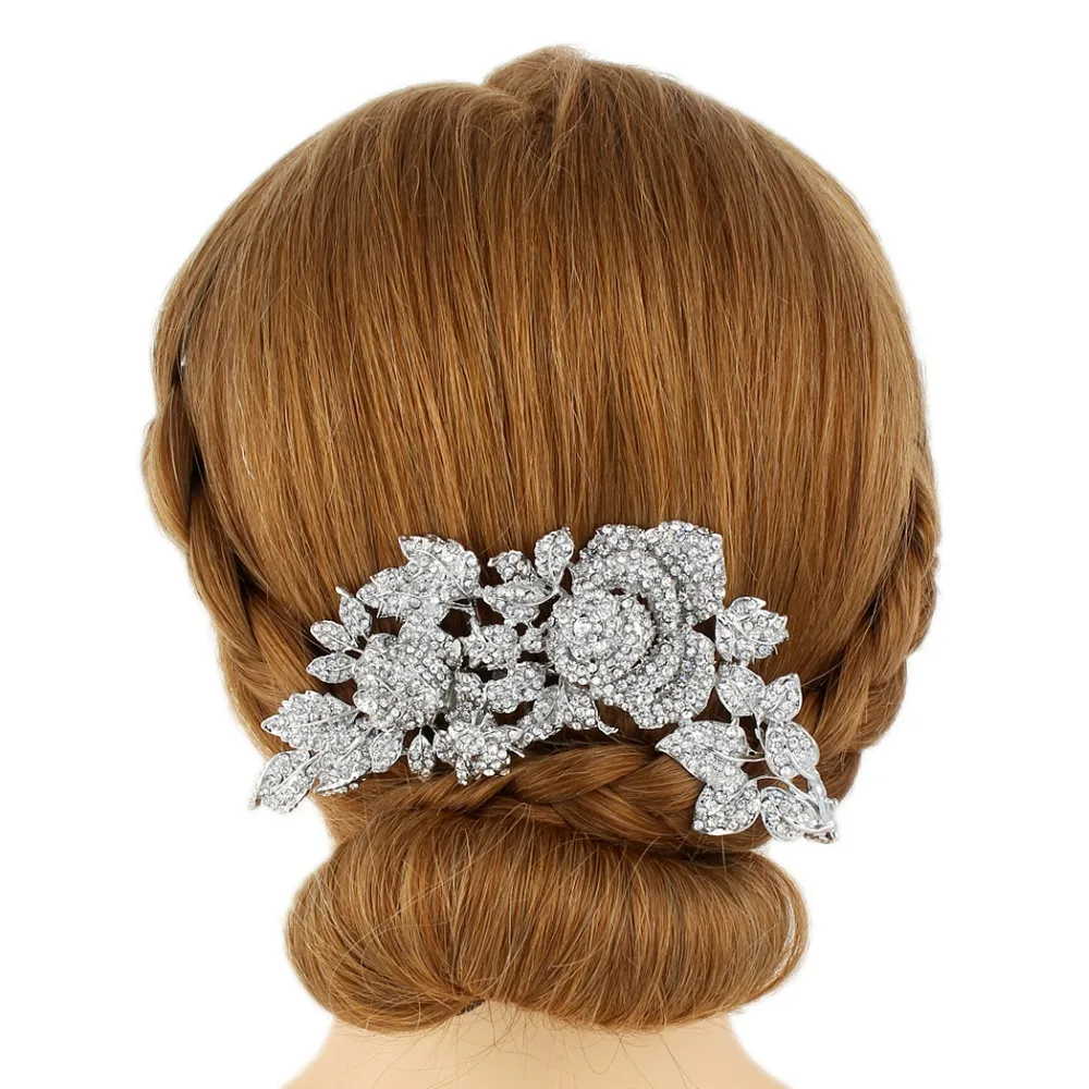 

Tuliper Rose Flower Leaf Bridal Hair Comb Austrian Crystal Rhinestone Wedding Headpiece For Women Party Jewelry Gift