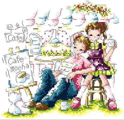 CS-2836 Cross Stitch Kit Afternoon Tea Cafe Mocha Cute Couple Little Boy and Girl Korean Cuties SO