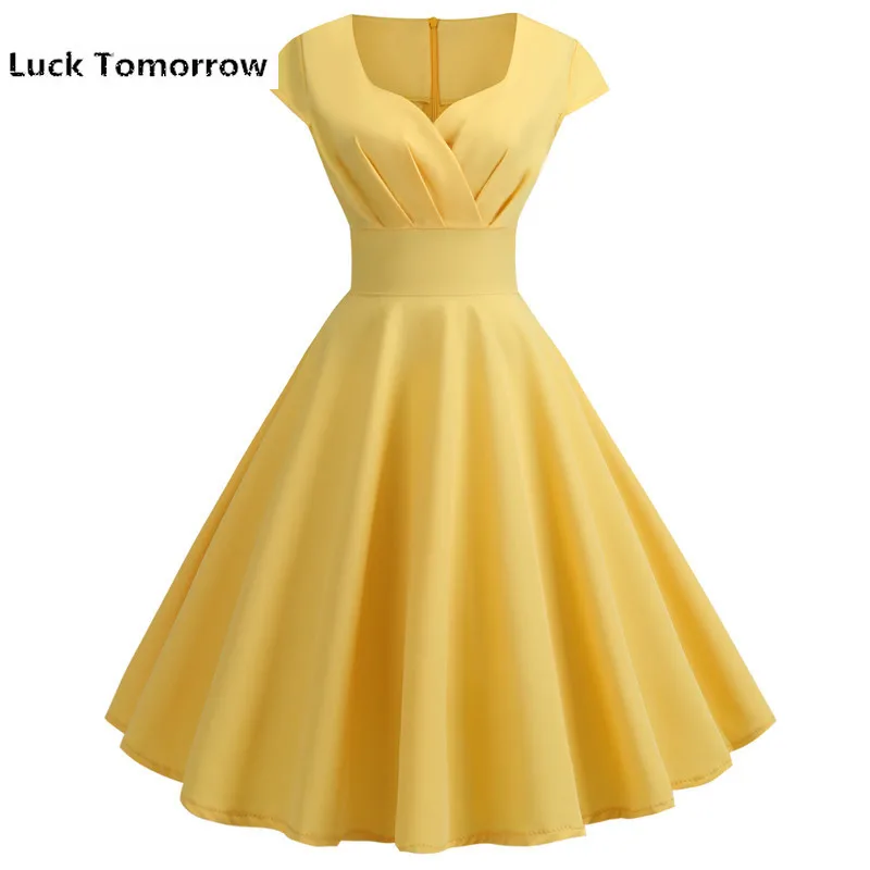 Summer Women Dress Sexy Slender Elegant V -cut Yellow Solid Short Party Clothes 50 S 60 S Vintage A -line Dress Vestidos
Summer Women Dress Sexy Slender Elegant V -cut Yellow Solid Short Party Clothes 50 S 60 S Vintage A -line Dress Vestidos