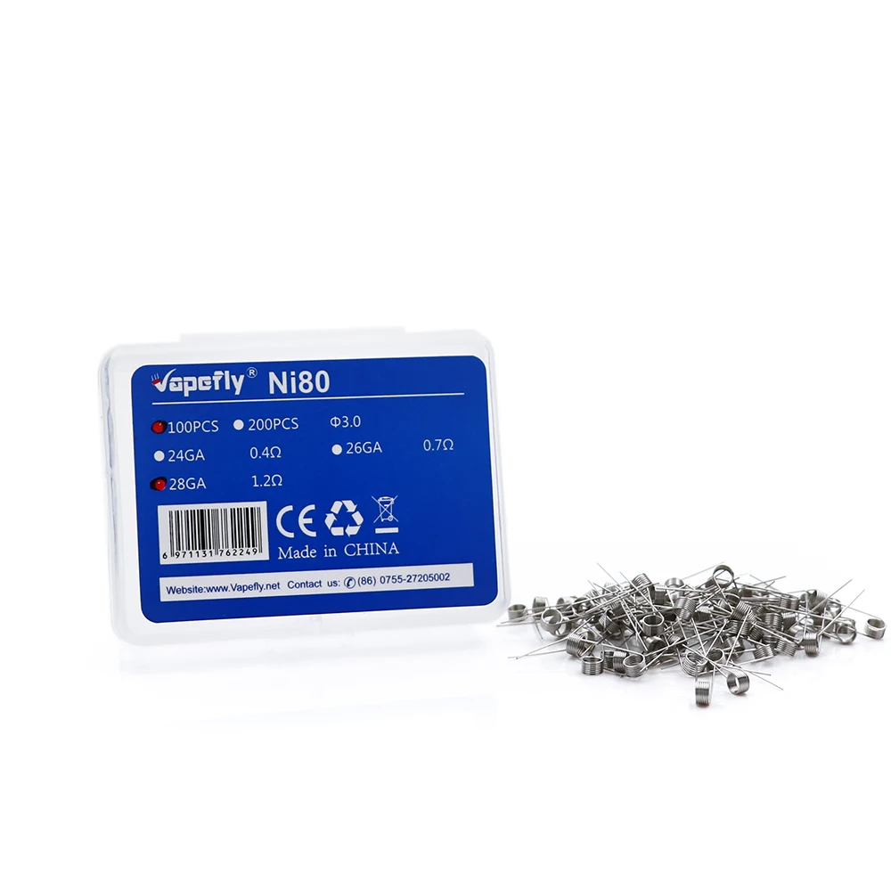 100pcs/box Vape accessories Pre-made Coil Vapefly Ni80 Wire 24GA 26GA 28GA wire ni80 fit for E cigarette RDA RTA Tank atomizer
100pcs/box Vape accessories Pre-made Coil Vapefly Ni80 Wire 24GA 26GA 28GA wire ni80 fit for E cigarette RDA RTA Tank atomizer