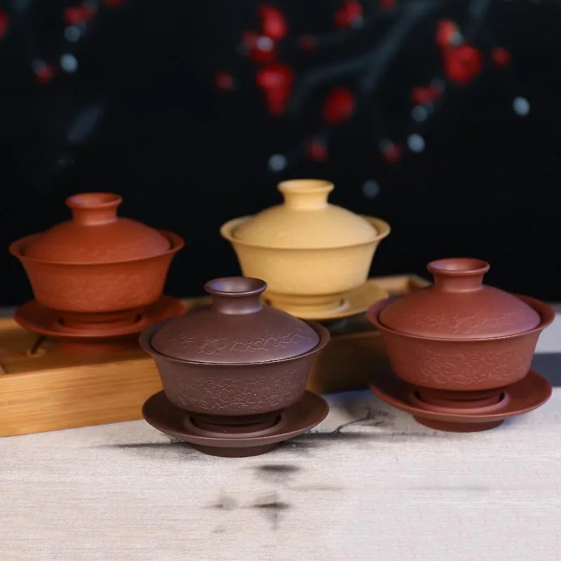 140ML Yixing Purple Clay Vintage Pattern Gaiwan Natural Raw Ore Zisha Teapot Office Kung Fu Tea Set Tieguanyin Black Tea Teaware
140ML Yixing Purple Clay Vintage Pattern Gaiwan Natural Raw Ore Zisha Teapot Office Kung Fu Tea Set Tieguanyin Black Tea Teaware