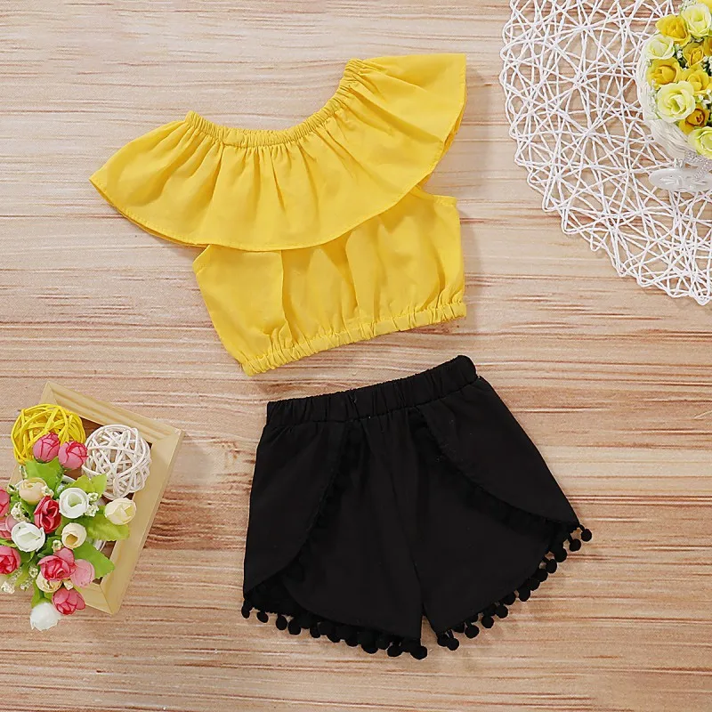 Summer Children Baby Girls Casual Solid Pattern Off-shoulder Tops T-shirt+Shorts With Tassel Suits Costume Set
Summer Children Baby Girls Casual Solid Pattern Off-shoulder Tops T-shirt+Shorts With Tassel Suits Costume Set