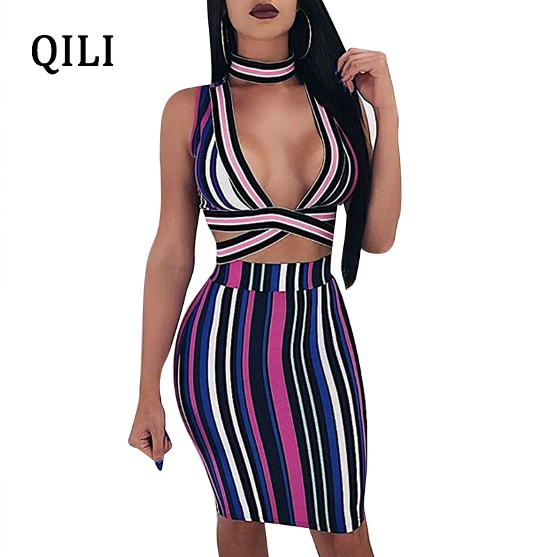 QILI Summer Sleeveless Dress New Fashion Striped Print Dresses Deep V Neck Cross Two Piece Set Women Evening Party Sexy Dress
QILI Summer Sleeveless Dress New Fashion Striped Print Dresses Deep V Neck Cross Two Piece Set Women Evening Party Sexy Dress
