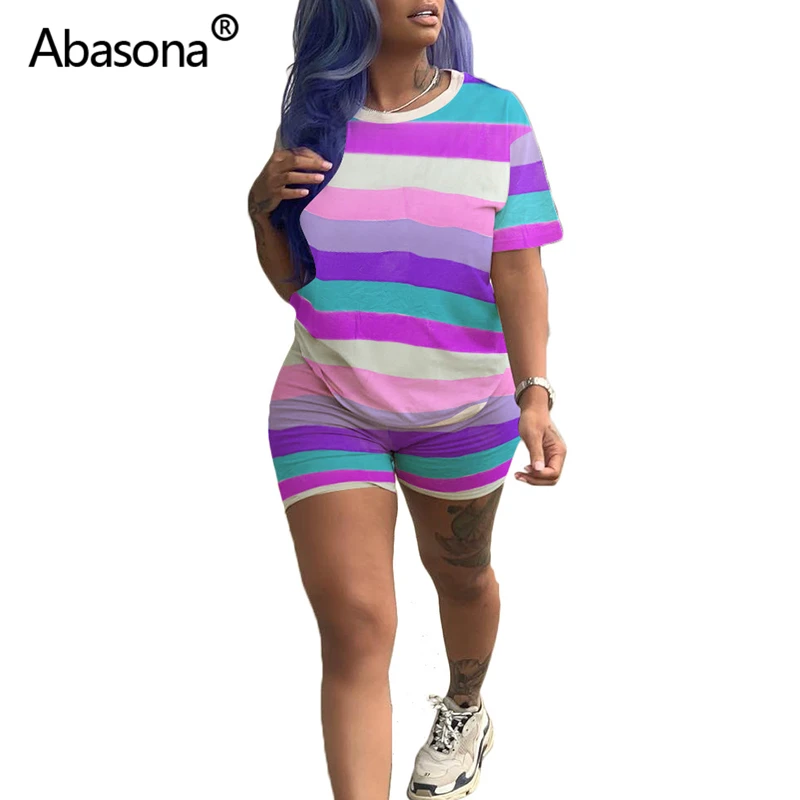 Abasona 2 Piece Set Curve Hem Tops Tees & Biker Shorts Sexy Playsuits Short Sleeve Colorful Rainbow Striped Print Club Rompers
Abasona 2 Piece Set Curve Hem Tops Tees & Biker Shorts Sexy Playsuits Short Sleeve Colorful Rainbow Striped Print Club Rompers