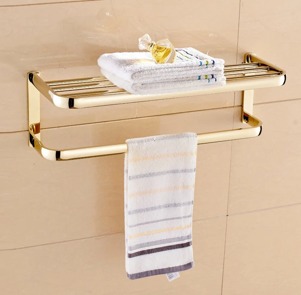 Golden Finished Wall Mounted Bathroom Towel Rack Holder With Towel Bar
