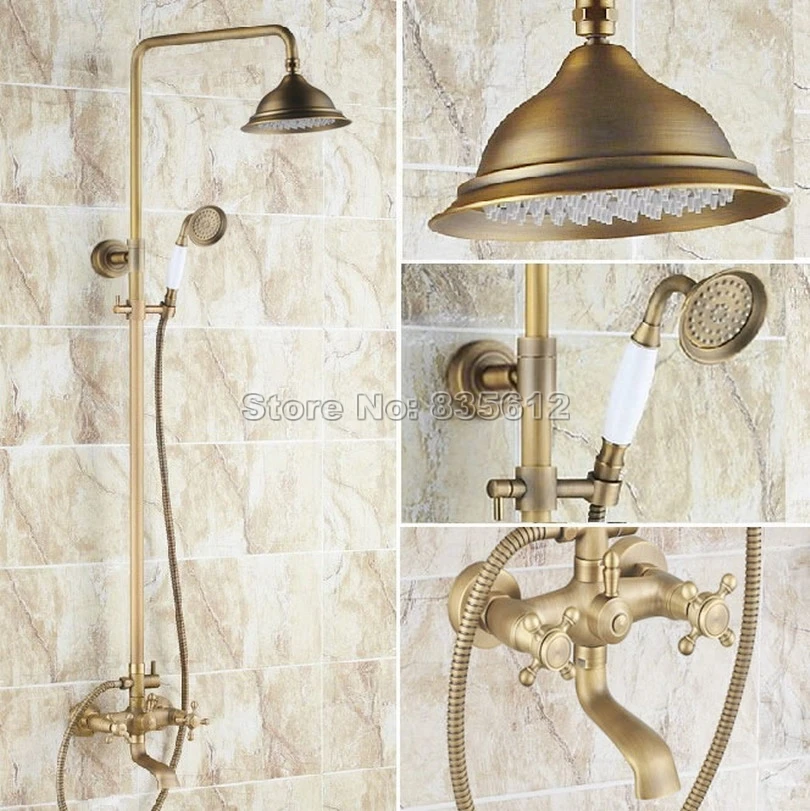 Wall Mounted Antique Brass Bathroom Rain Shower Faucet Set with Ceramic Handheld & Dual Handles Bathtub Mixer Taps Wrs124 |
