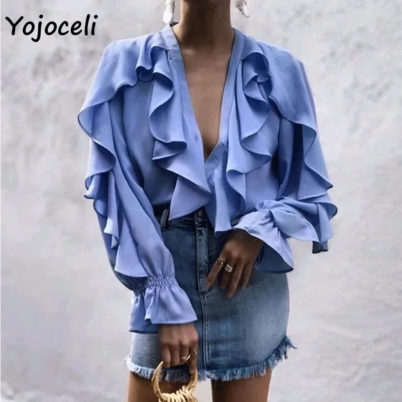 Yojoceli blue ruffle blouses shirt women 2019 summer streetwear blusas feamle casual v neck
Yojoceli blue ruffle blouses shirt women 2019 summer streetwear blusas feamle casual v neck