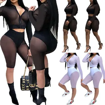 Sexy Women 2pcs set See-through Mesh Cover Up Long Sleeve Zipper Crop Top High Waist Elastic Shorts Transparent Outfit Set
Sexy Women 2pcs set See-through Mesh Cover Up Long Sleeve Zipper Crop Top High Waist Elastic Shorts Transparent Outfit Set