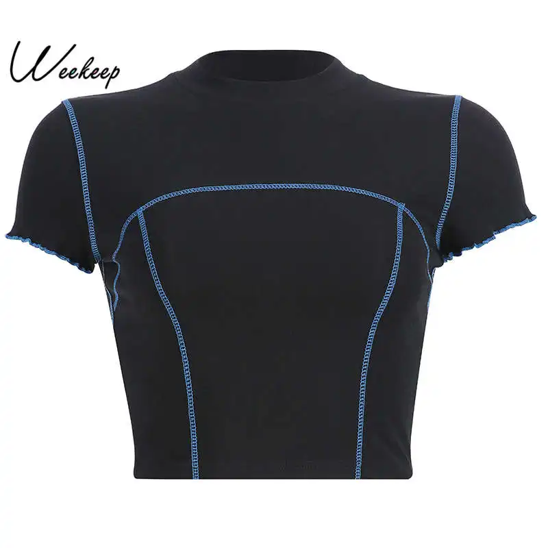 Weekeep Women Cropped Patchwork t shirt Black Short Sleeve O-neck tshirt 2019 Summer Casual Bodycon tee shirt femme Crop Top
Weekeep Women Cropped Patchwork t shirt Black Short Sleeve O-neck tshirt 2019 Summer Casual Bodycon tee shirt femme Crop Top