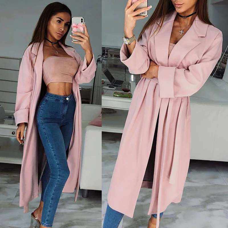 Autumn Women Pink Long Trench Coat 2018 Female Turn-down Collar X Long Coat Ladies Elegant Slim Coat with Belt Streetwear Coat 
Autumn Women Pink Long Trench Coat 2018 Female Turn-down Collar X Long Coat Ladies Elegant Slim Coat with Belt Streetwear Coat