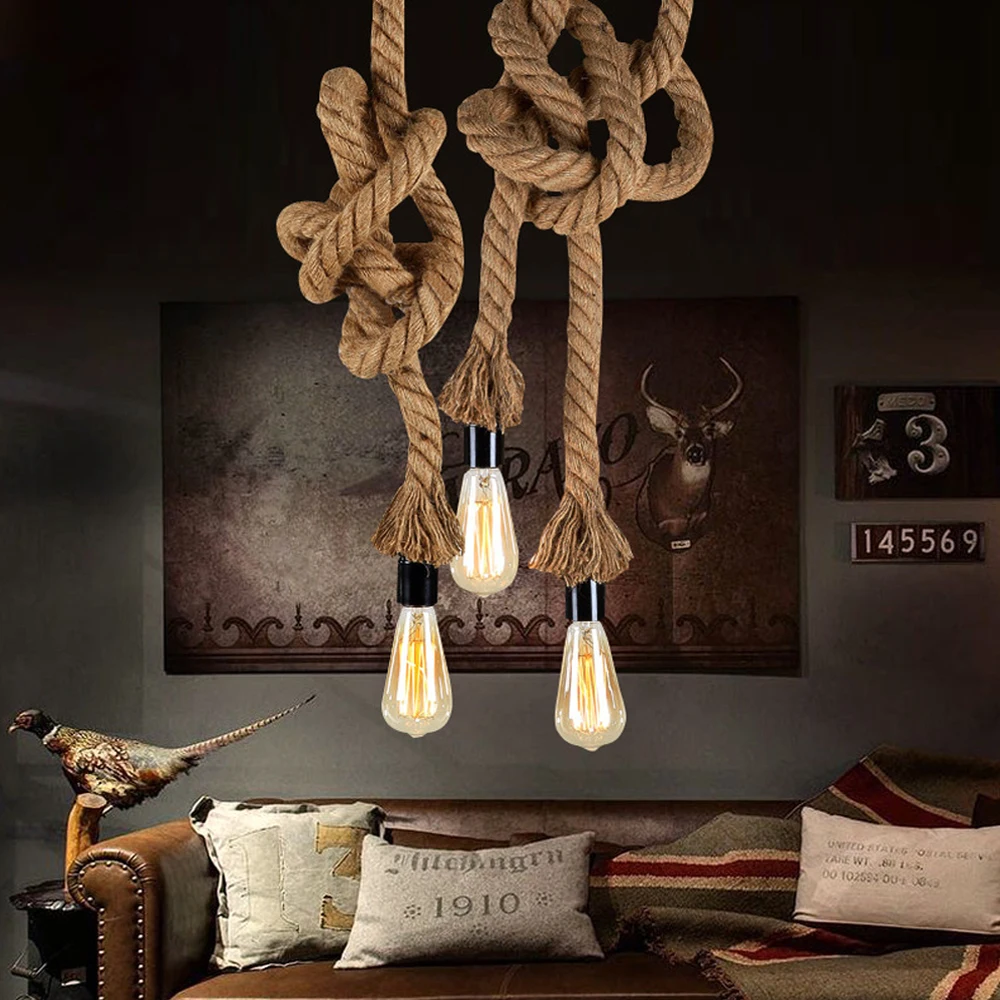 

Винтажный подвесной светильник в виде веревки из пеньковой веревки E27, креативная индивидуальная промышленная Подвесная лампа в стиле лофт для ресторана, кофе