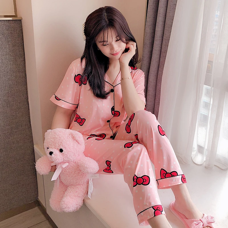 Summer Autumn Short Sleeved Women Pajama Set cute pink printed pajamas Leisure Clothes Personality Long Pant Girls Pyjamas Sets
Summer Autumn Short Sleeved Women Pajama Set cute pink printed pajamas Leisure Clothes Personality Long Pant Girls Pyjamas Sets