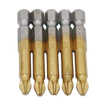 5Pcs 50mm PH2 Titanium Coated Phillips Bits Hex Shanked Anti Slip Screwdriver Bits Magnetic Single Head
