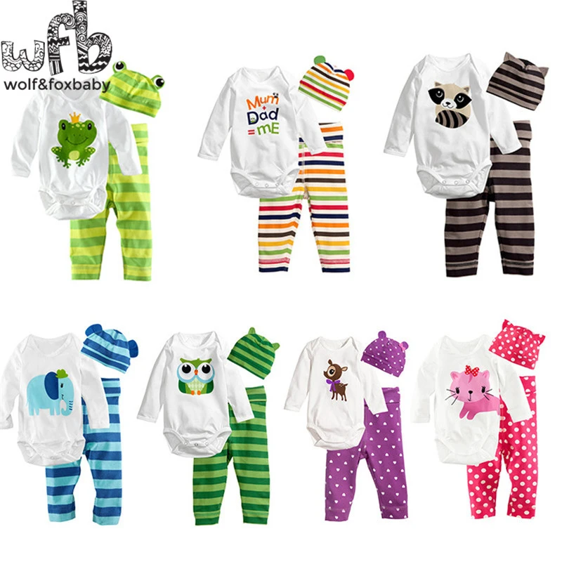 Retail 1-3years 3pcs/set 7patterns long-Sleeved t shirt+pants+hats Baby Infant cartoon bodysuits boys girls jumpsuits Clothing
Retail 1-3years 3pcs/set 7patterns long-Sleeved t shirt+pants+hats Baby Infant cartoon bodysuits boys girls jumpsuits Clothing