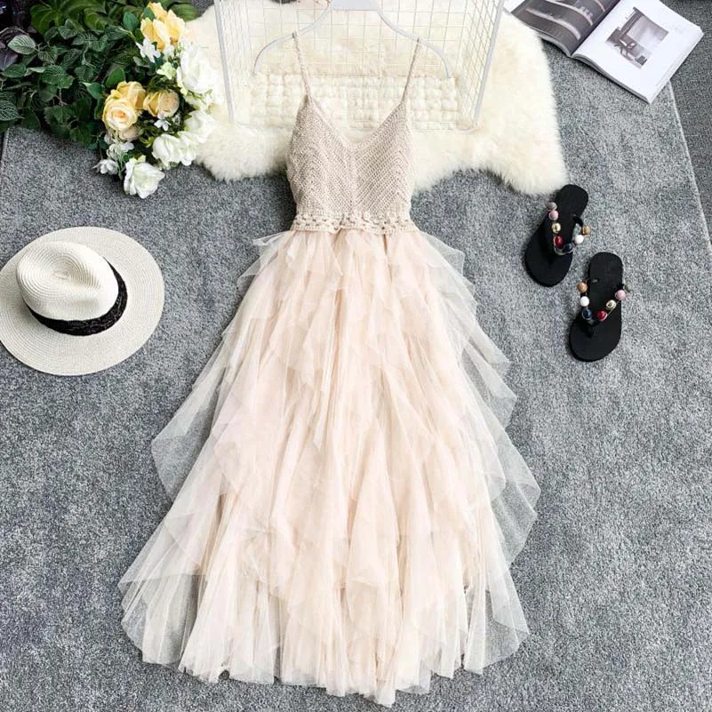 2019 гофрированное платье новое женское Тюлевое Летнее Сетчатое с высокой талией
