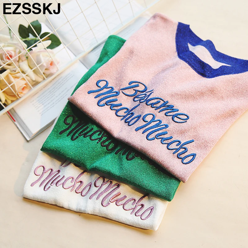 2019 Summer Women Shiny Knitted T Shirt Short Sleeve O Neck Casual T-Shirts bling Basic Letter embroidered bright girl T-shirt
2019 Summer Women Shiny Knitted T Shirt Short Sleeve O Neck Casual T-Shirts bling Basic Letter embroidered bright girl T-shirt