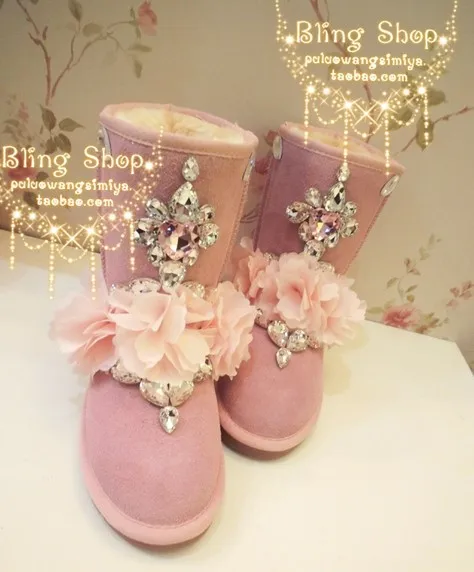 

Vintage small fresh ! pink lace handmade three-dimensional flower rhinestone gem genuine leather snow boots gaotong