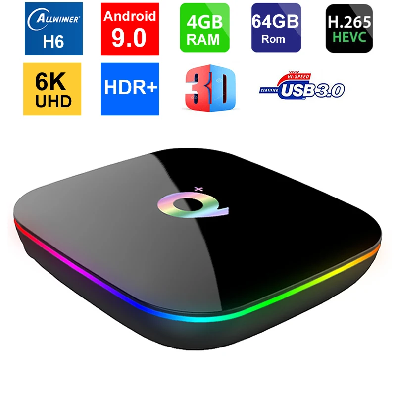 

Q Plus Smart TV BOX Allwinner H6 Quad core 4GB RAM 64GB ROM Android 9.0 OS WIFI USB3.0 6K UHD HDR Media Player TV Set Top Box