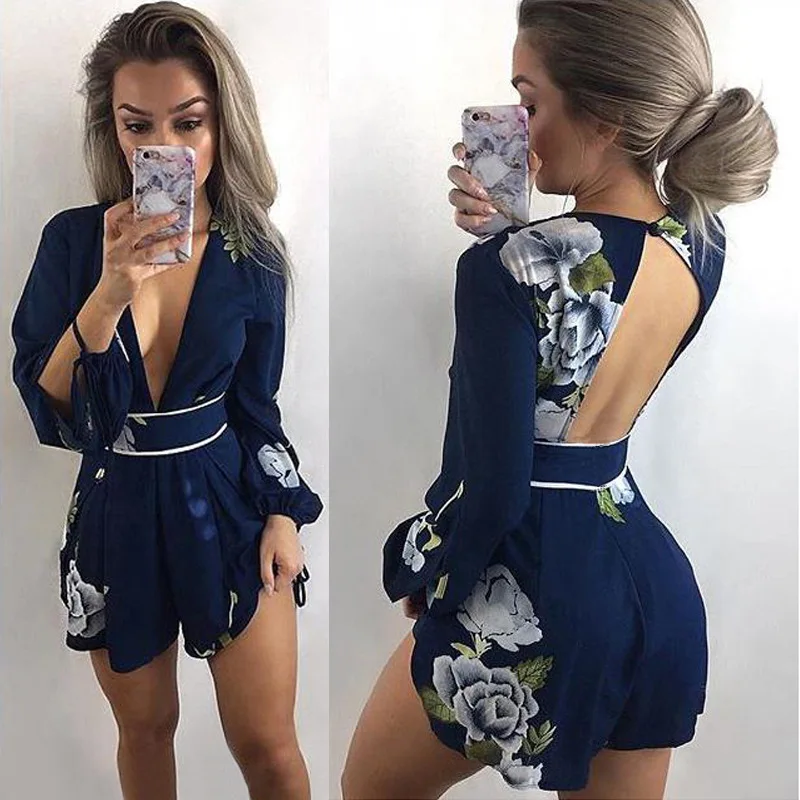 Sexy Backless Women Playsuit Beach Deep V Neck Full Sleeve Female Fashion Romper Floral Print Sashes Bodysuits Overall
Sexy Backless Women Playsuit Beach Deep V Neck Full Sleeve Female Fashion Romper Floral Print Sashes Bodysuits Overall
