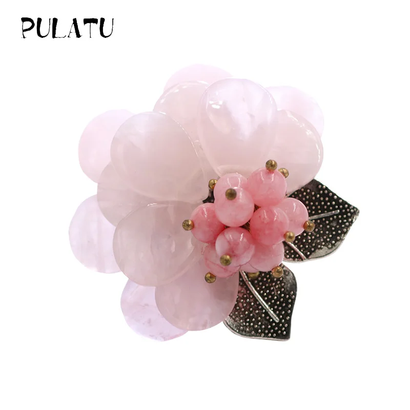 

Pulatu Natural Stone Brooches Pink Green Flower Fashion Brooch Pins Vintage Silver Leaves Natural Coral Inlay Women Brooch Party