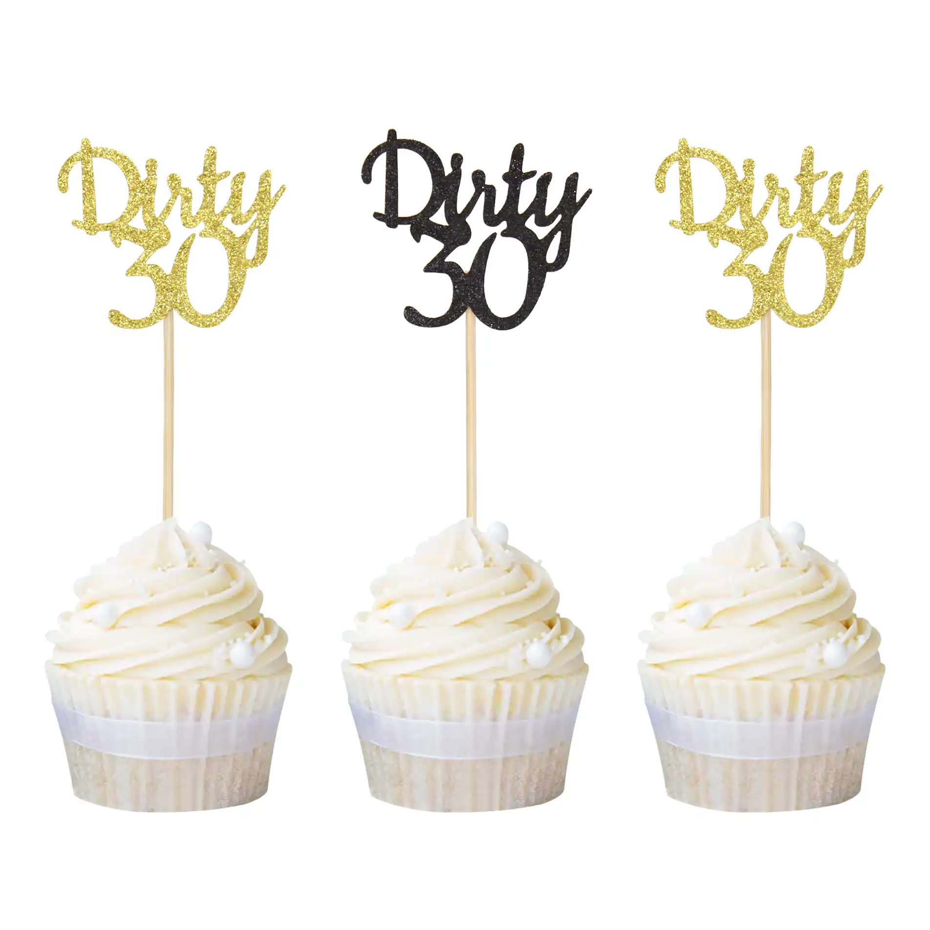 12pcs Gold And Black Glitter Dirty 30 Cupcake Toppers 30th