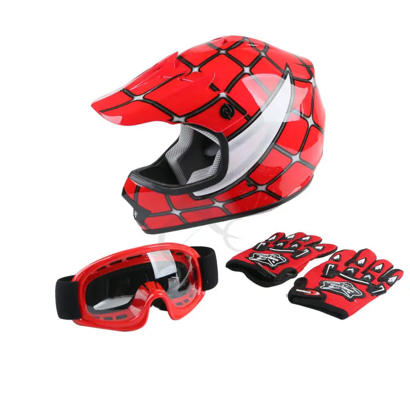 

DOT Youth Kids Red Spider Net Motocross Off-Road Helmet MX Goggles+Gloves S M L