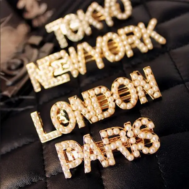 

Korean Pearls Letter Metal Hair Clips for Women Girls Barrettes New York Paris London Milan Hair Combs Pins Sticks Accessories