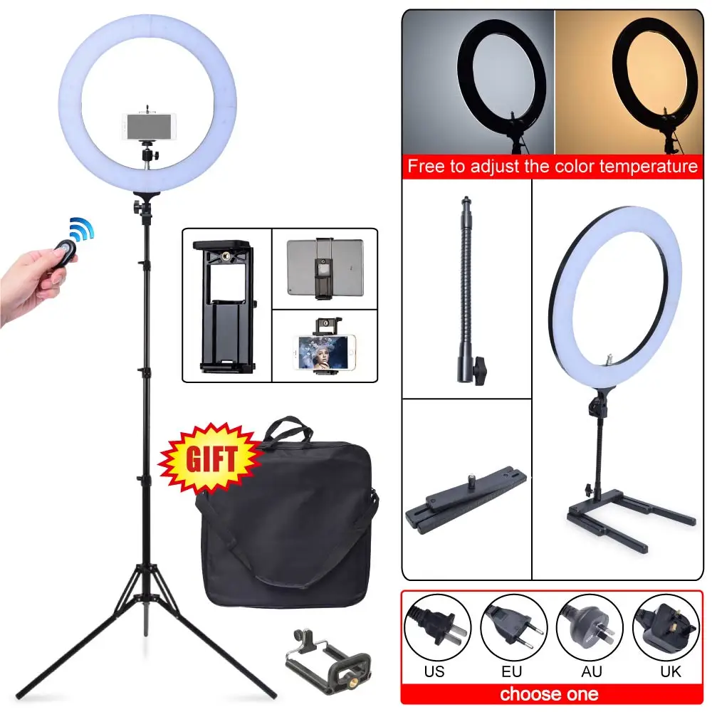 

Studio 80W 18" 48cm 2700K~5500K LED Dimmable Ring Light + Camera Phone Holder Tripod Stand for iPad Make UP Video Photo Selfie