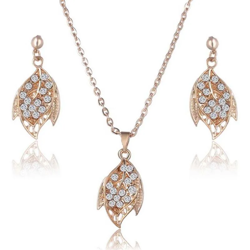 Drop Shipping Women Accessories Austrian Crystal Gold Leaf Leaves Pendant Necklace Dangle Earring Jewelry Sets 1502801C | Украшения и