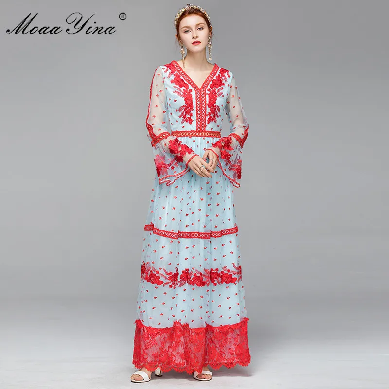 MoaaYina Fashion Designer Runway dress Spring Summer Women Dress V-neck Flare Sleeve Floral Embroidery Lace Maxi Dresses
MoaaYina Fashion Designer Runway dress Spring Summer Women Dress V-neck Flare Sleeve Floral Embroidery Lace Maxi Dresses